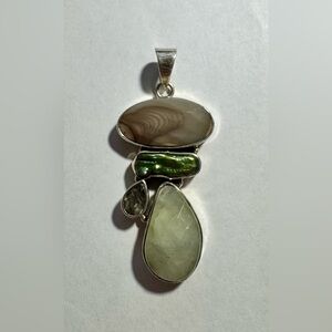 Vintage Agate, Green Amethyst, Biwa Pearl, and Prehnite in Sterling Silver
